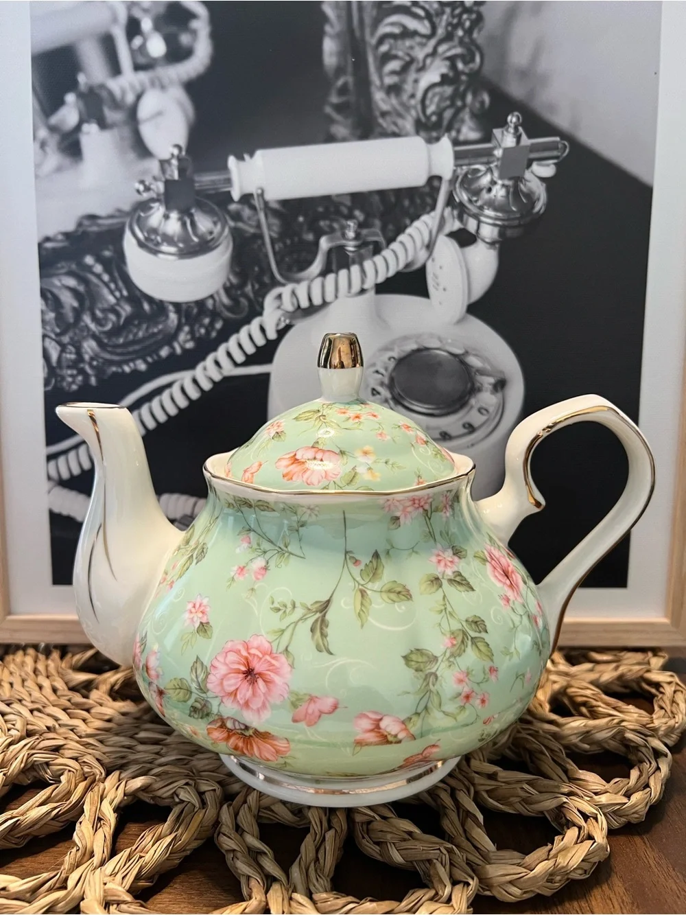 Vintage Floral Porcelain Teapot - Mint Green with Pink Flowers